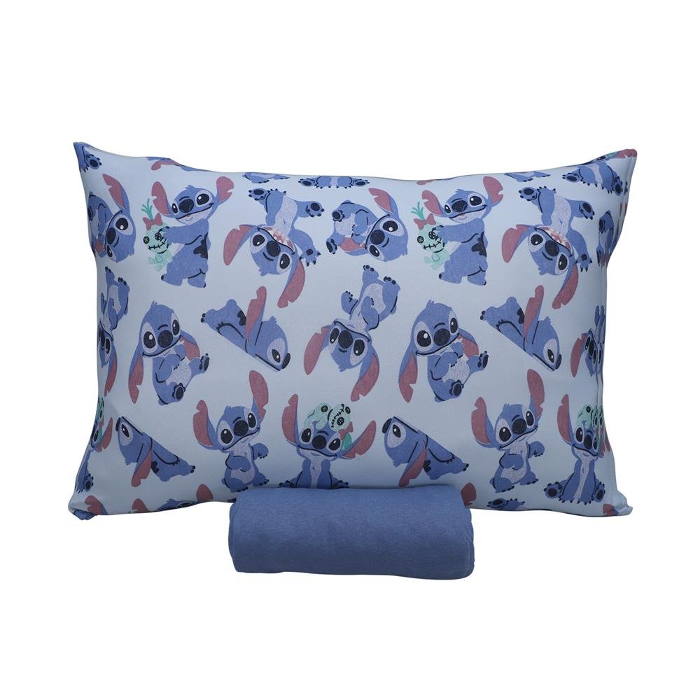 Jogo de Lençol 2 e 3 Peças Portallar Disney Stitch E Xepa/Azul Jeans Solteiro