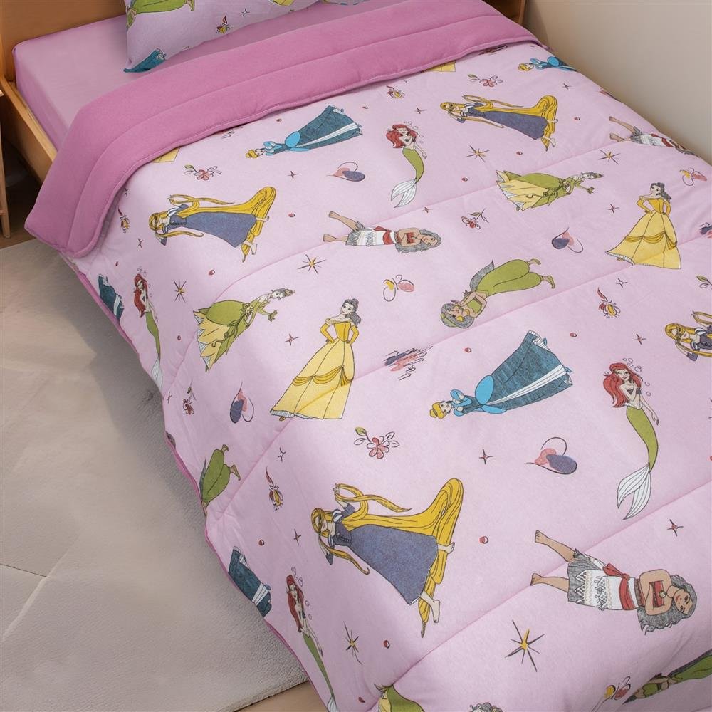 Edredom Estampado 1 Peça Portallar Disney Princesas Brilhantes/Rosa Cravo Solteiro