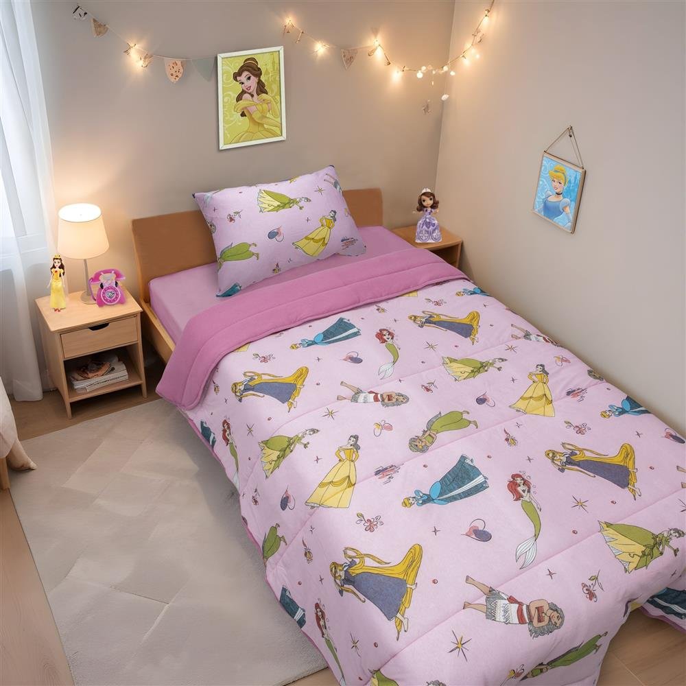 Edredom Estampado 1 Peça Portallar Disney Princesas Brilhantes/Rosa Cravo Solteiro