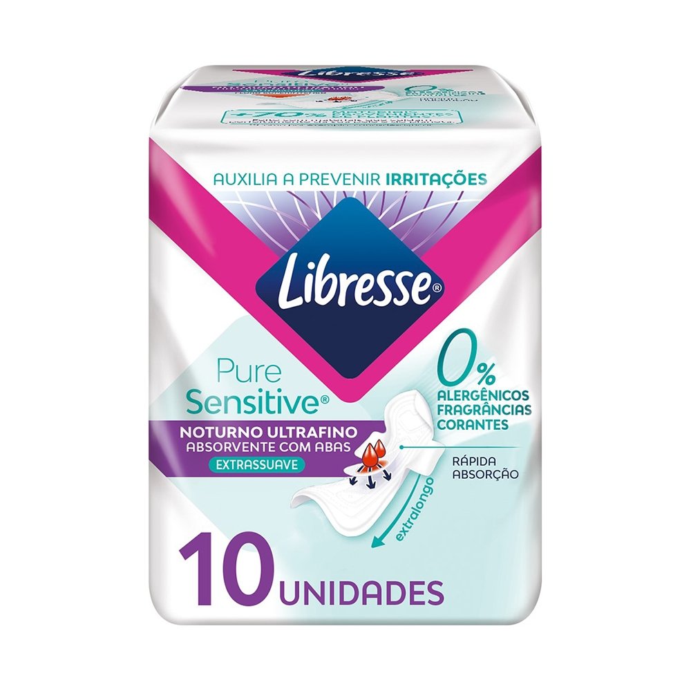Absorvente Libresse Noturno Pure Sensitive Ultrafino Extra Suave com Abas - Embalagem com 10 Unidades