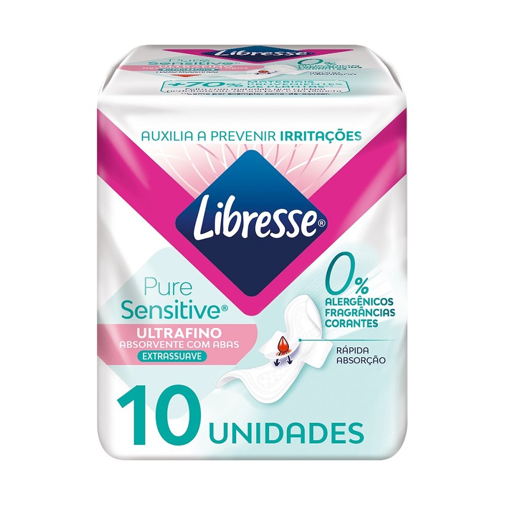 Absorvente Libresse Pure Sensitive Ultrafino com Abas - Embalagem com 10 Unidades