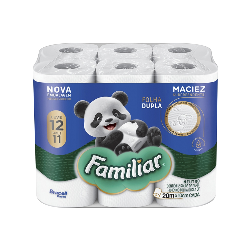 Papel Higiênico Familiar Folha Dupla Neutro 20m - 6 Embalagens com 12 Unidades