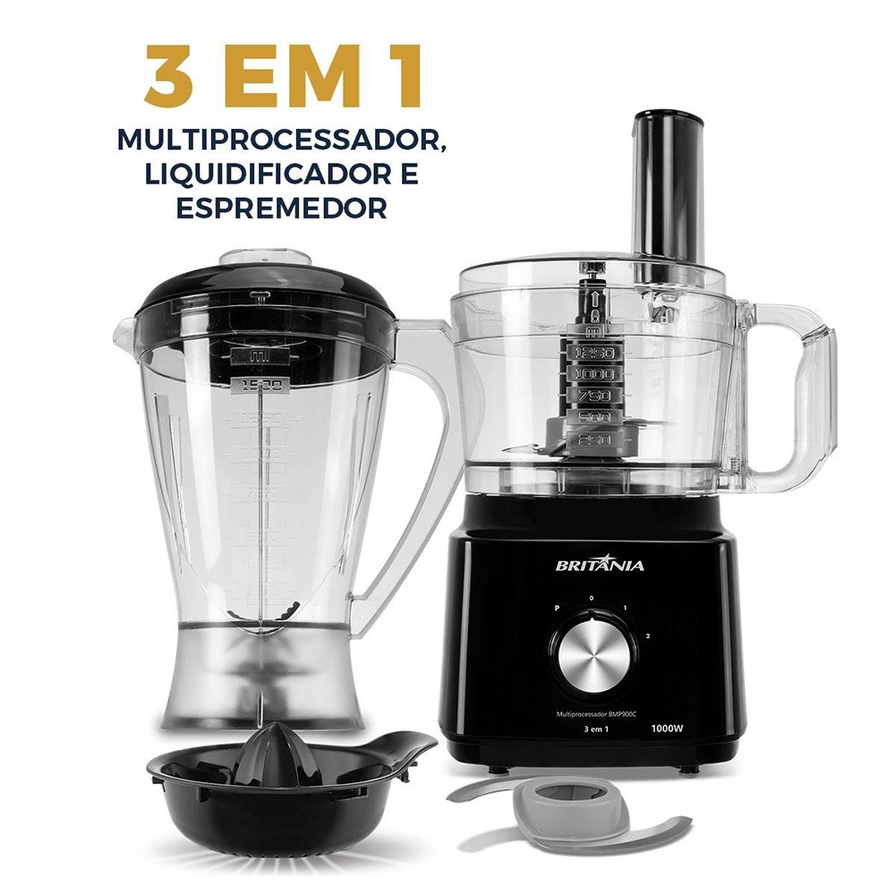 Multiprocessador de Alimentos Britânia BMP900 - 3 em 1, 1000W, Preto, 220V