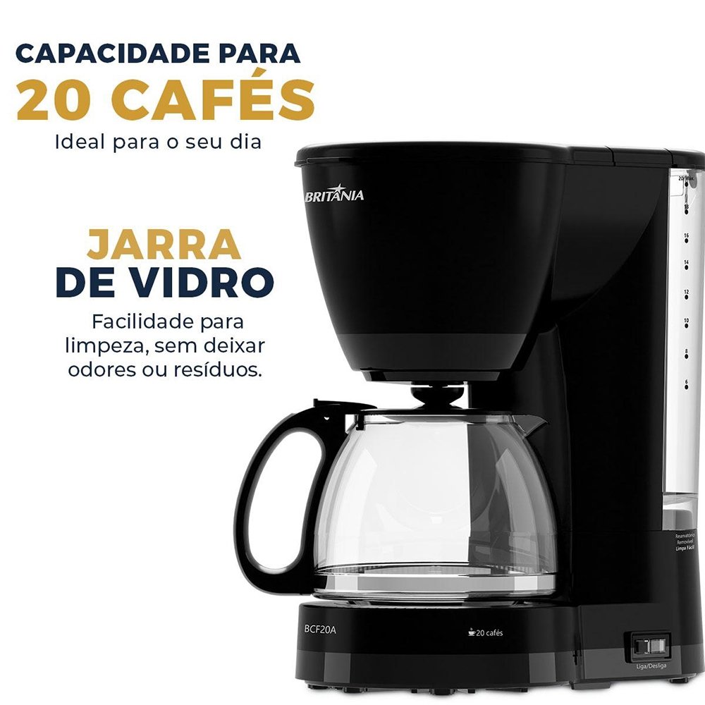 Cafeteira Britânia BCF20A - 20 Xícaras, Jarra De Vidro, Preto, 220V