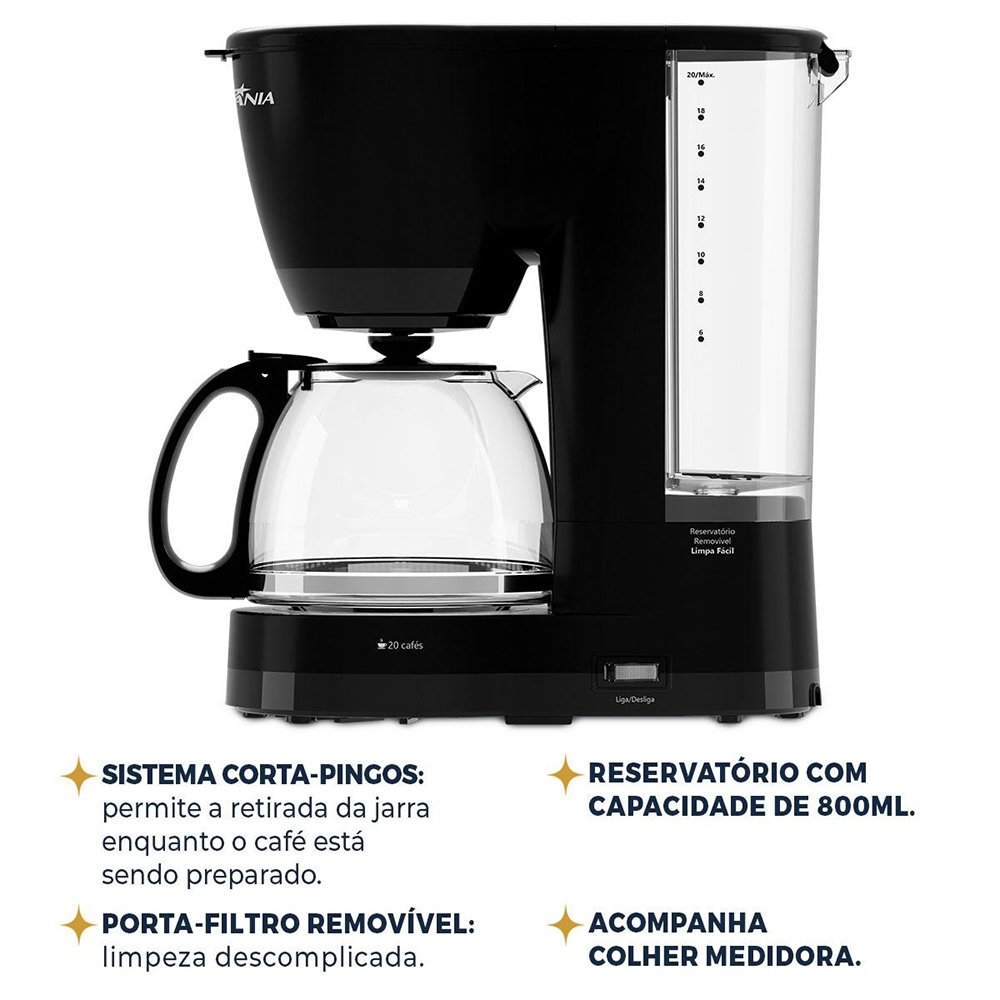Cafeteira Britânia BCF20A - 20 Xícaras, Jarra De Vidro, Preto, 220V