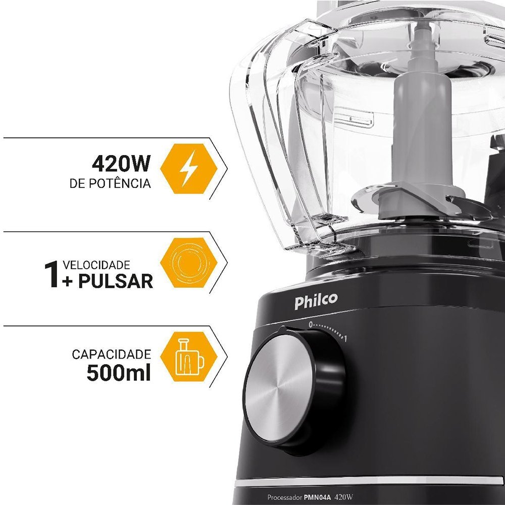 Processador Philco PMN04A - 1 Velocidade + Pulsar, 420W, Preto, 110V