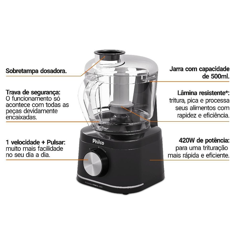 Processador Philco PMN04A - 1 Velocidade + Pulsar, 420W, Preto, 110V