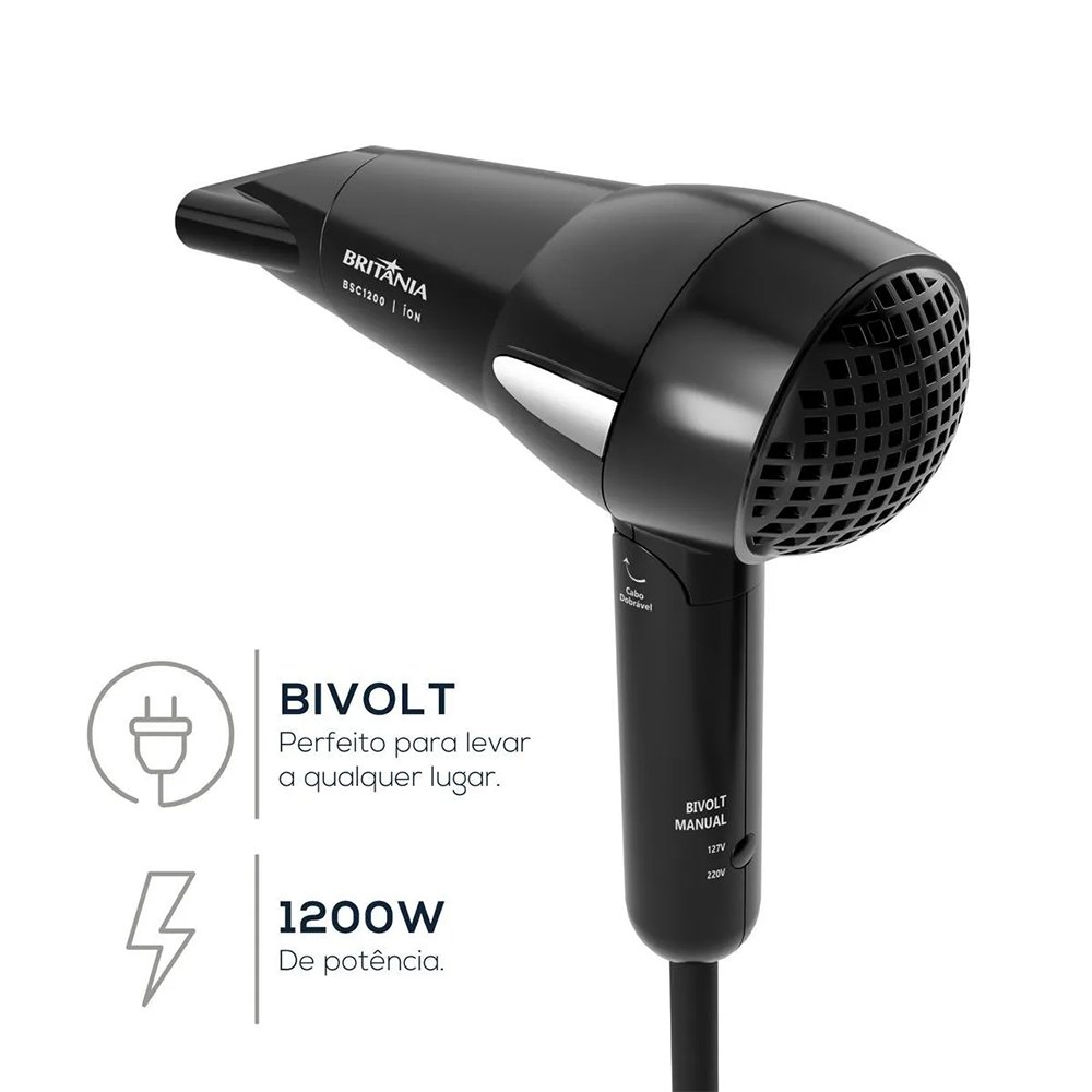Secador Britânia Travel BSC1200 - 1200W, 2 Temperaturas, 2 Velocidades, Bivolt