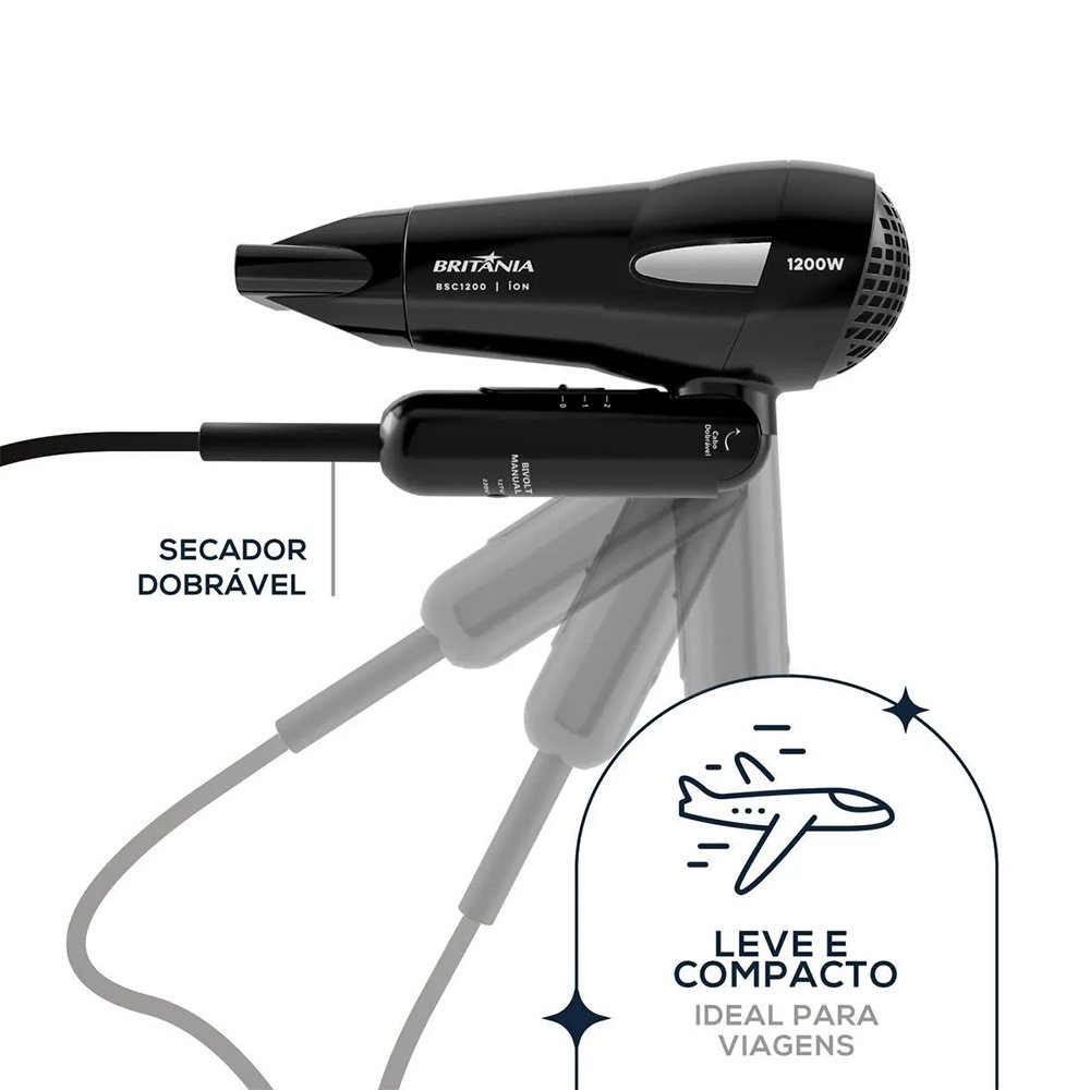 Secador Britânia Travel BSC1200 - 1200W, 2 Temperaturas, 2 Velocidades, Bivolt