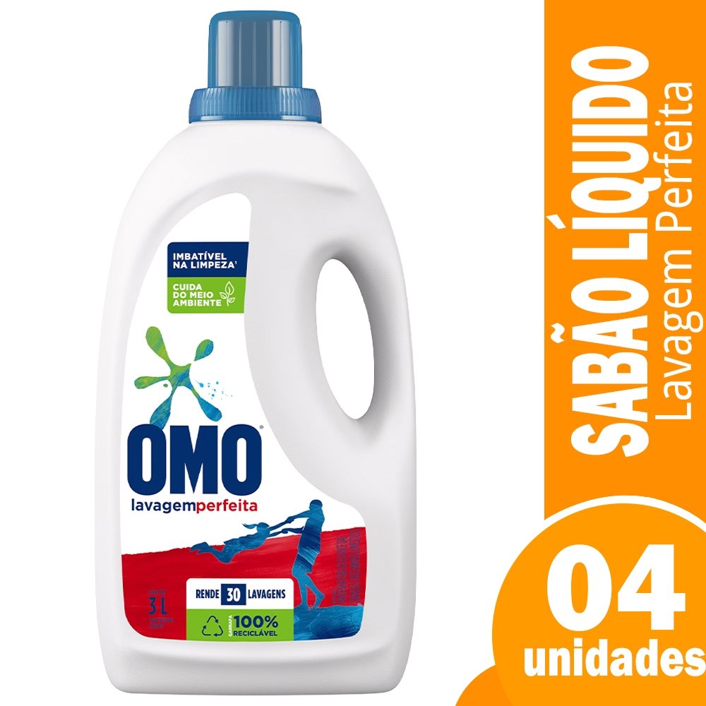 Sabão Líquido Omo Lava Roupa Lavagem Perfeita 3L - Embalagem com 4 Unidades