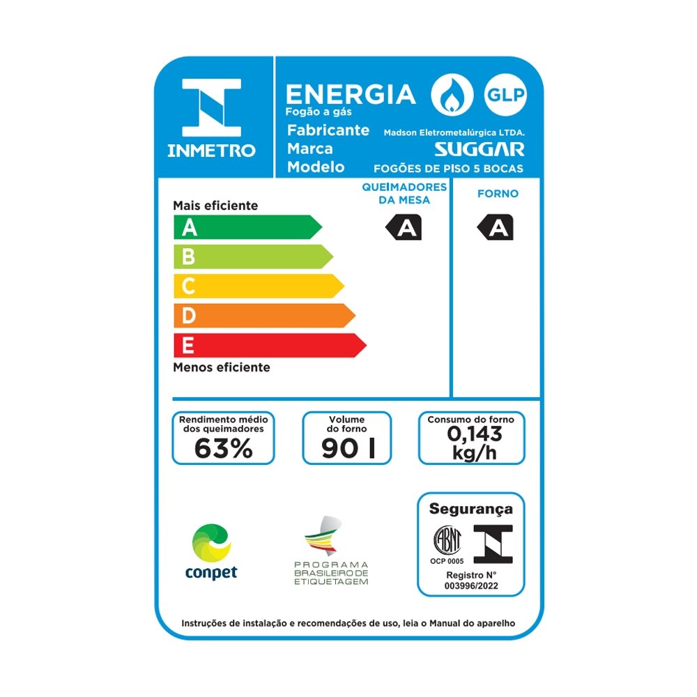 Fogão De Piso 5 Bocas Suggar Cook Glass - Mesa De Vidro, Branco, Bivolt