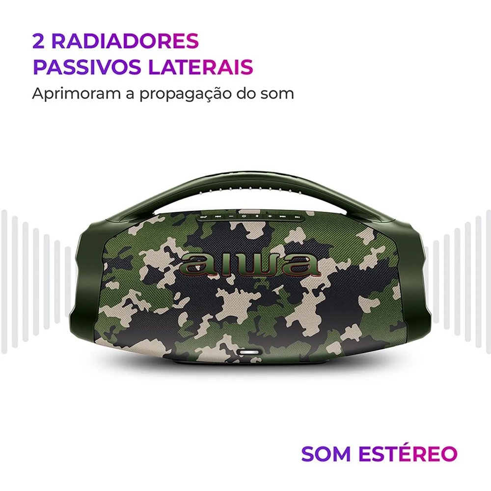 Caixa de Som Aiwa Boombox Plus AWS-BBS-01-GR - 200W RMS, Bateria de Até 30 horas, Verde Camuflado