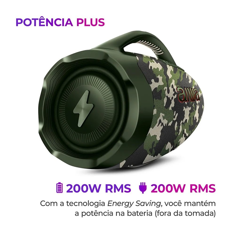 Caixa de Som Aiwa Boombox Plus AWS-BBS-01-GR - 200W RMS, Bateria de Até 30 horas, Verde Camuflado