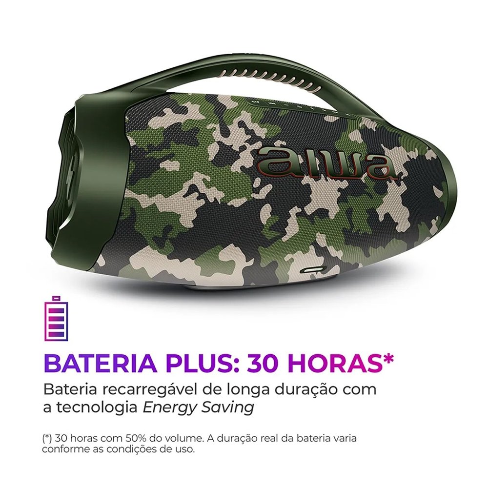 Caixa de Som Aiwa Boombox Plus AWS-BBS-01-GR - 200W RMS, Bateria de Até 30 horas, Verde Camuflado