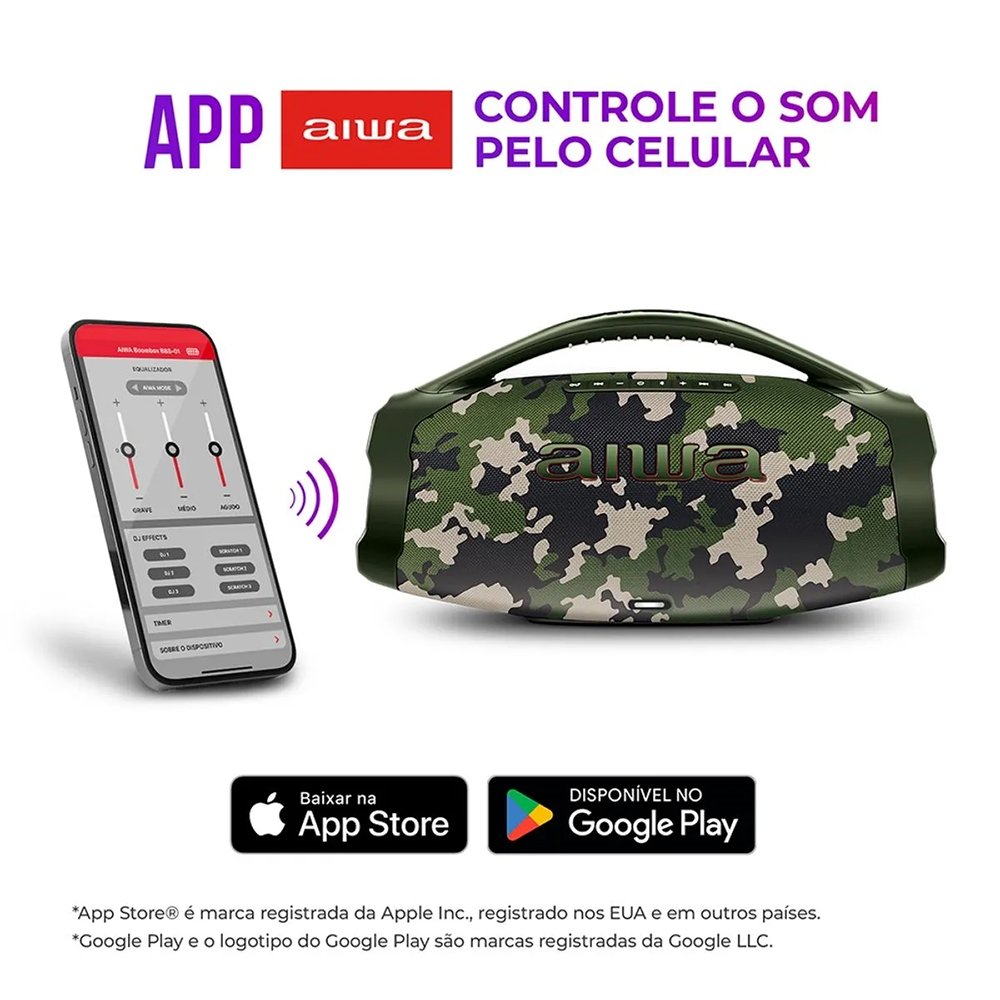 Caixa de Som Aiwa Boombox Plus AWS-BBS-01-GR - 200W RMS, Bateria de Até 30 horas, Verde Camuflado