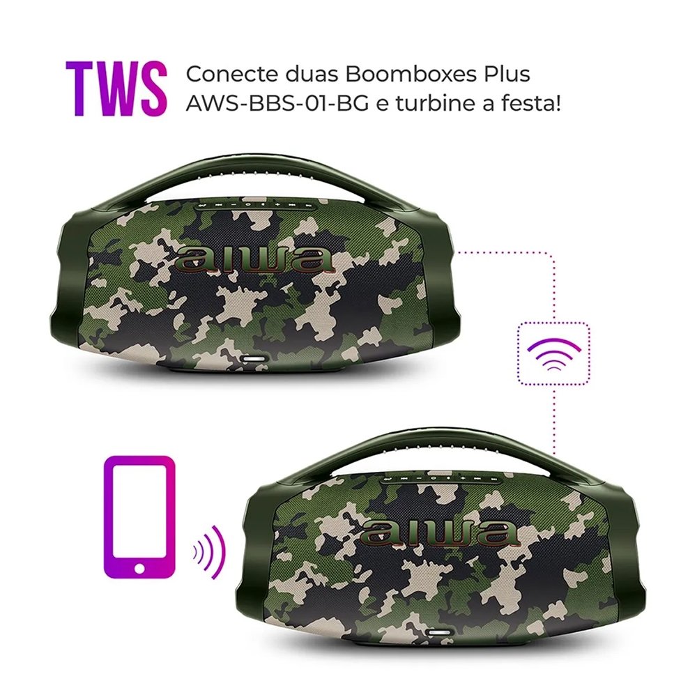 Caixa de Som Aiwa Boombox Plus AWS-BBS-01-GR - 200W RMS, Bateria de Até 30 horas, Verde Camuflado