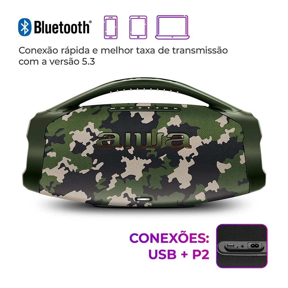 Caixa de Som Aiwa Boombox Plus AWS-BBS-01-GR - 200W RMS, Bateria de Até 30 horas, Verde Camuflado