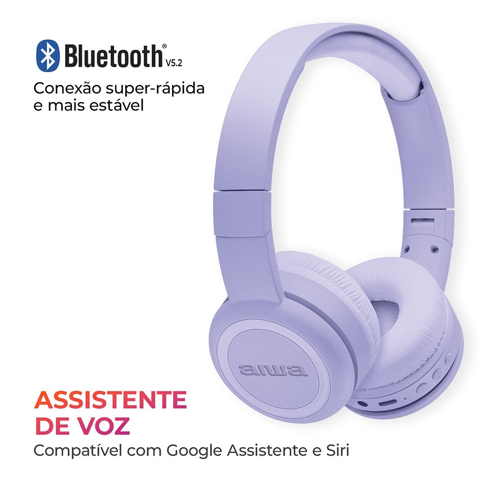 Fone De Ouvido Aiwa AWS-HP-03-P - Bluetooth 5.2, Conexão Dupla, Violeta