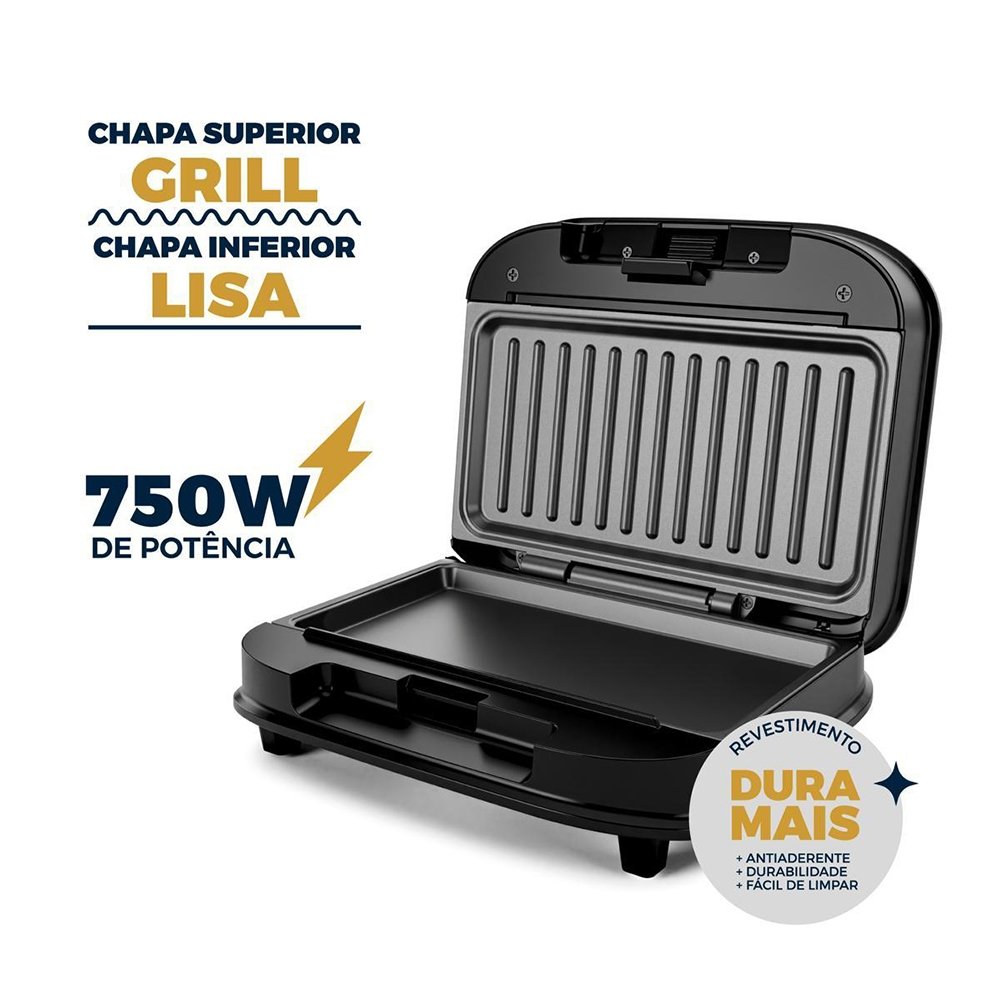 Sanduicheira/Grill Britânia BGR25A - 2 Em 1, 750W, Preto/Inox, 220V