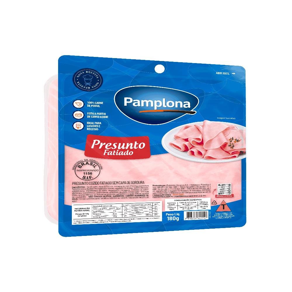Presunto Cozido Fatiado 180g Pamplona - Embalagem com 12 und. - Peso 2,16kg