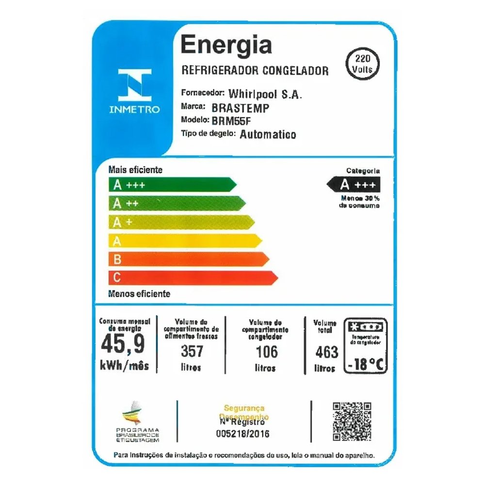 Geladeira/Refrigerador Brastemp 463 Litros BRM55FK - 2 Portas, Smart Cold, Frost Free, Inox, 220V