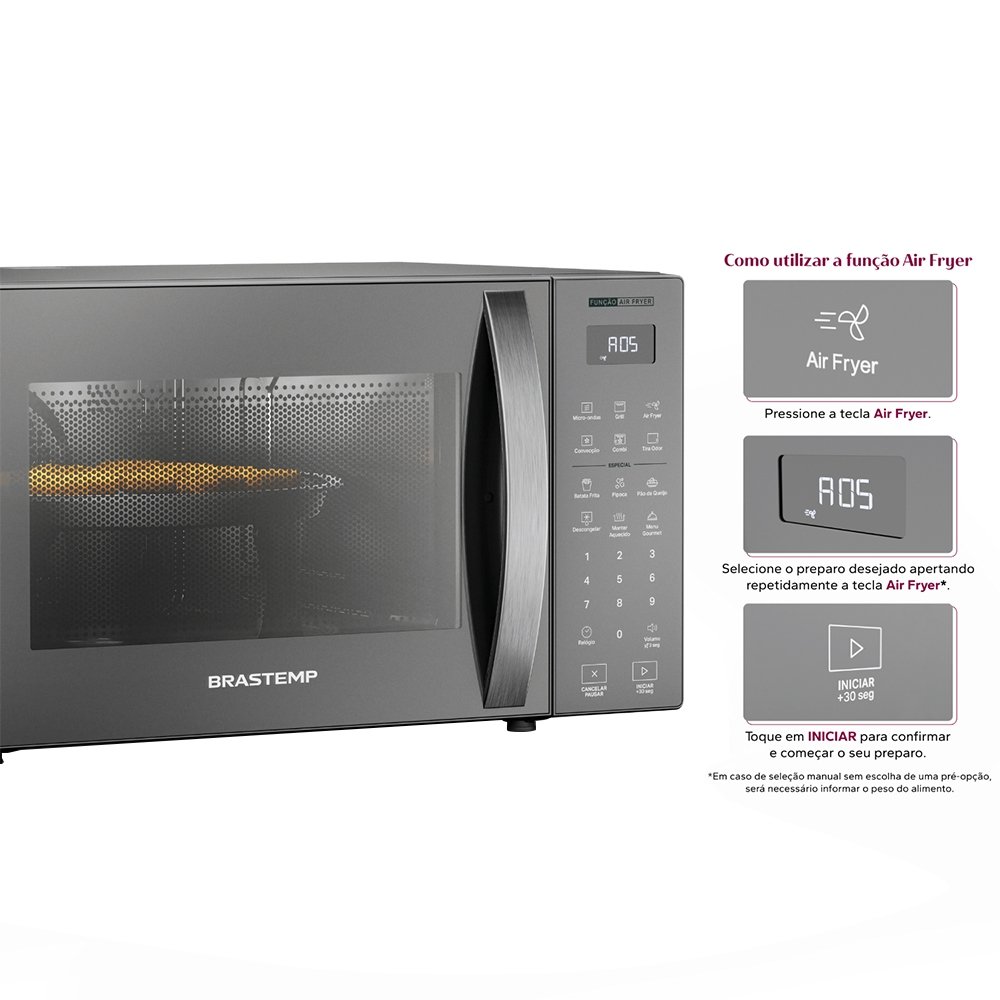 Micro-Ondas Brastemp BMC29AR 29 Litros - Tecnologia Air Fryer, Função Grill, Inox, 110V