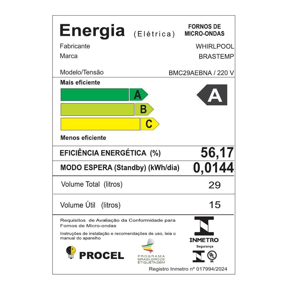Micro-Ondas Brastemp 29 Litros BMC29AE - Função Air Fryer, 900W, Preto, 220V