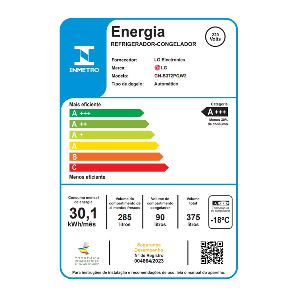 Geladeira/Refrigerador LG 375 Litros GN-B372PFM - Duplex, Inverter, Inox Look, 220V