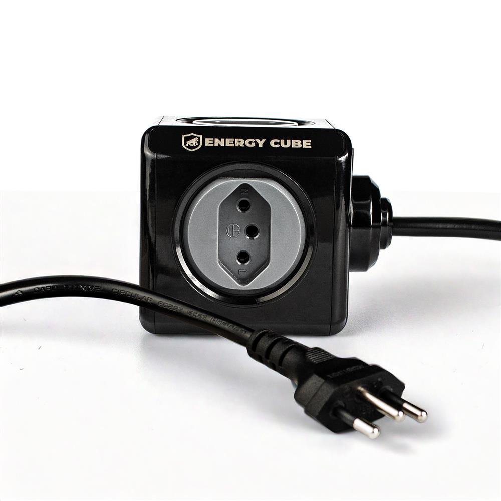 Carregador Adaptador Bivolt Energy Cube Preto Entrada Usb A + Tipo C + 4 Tomadas com Cabo de 1,5 M