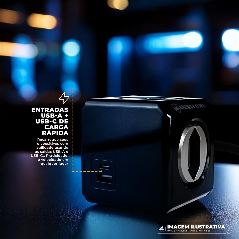 Carregador Adaptador Bivolt Energy Cube Preto Entrada Usb A + Tipo C + 4 Tomadas com Cabo de 1,5 M