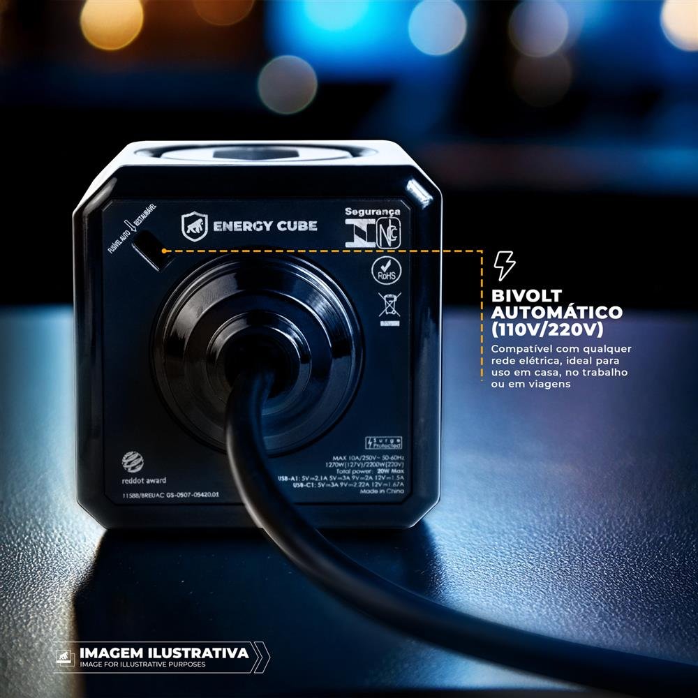 Carregador Adaptador Bivolt Energy Cube Preto Entrada Usb A + Tipo C + 4 Tomadas com Cabo de 1,5 M