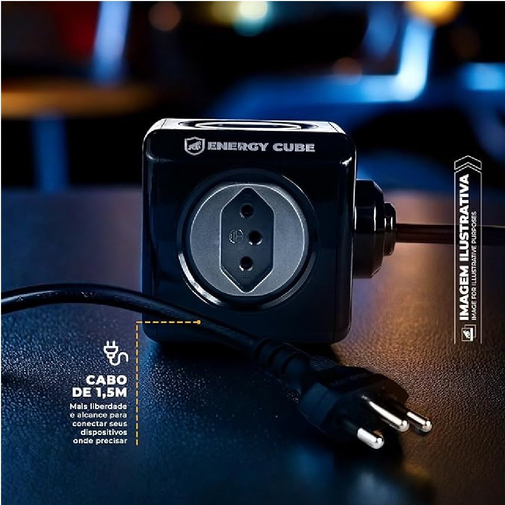 Adaptador Bivolt Energy Cube Filtro de Linha Multiplicador de Tomadas Preto com 5 Tomadas e Cabo de 1,5M