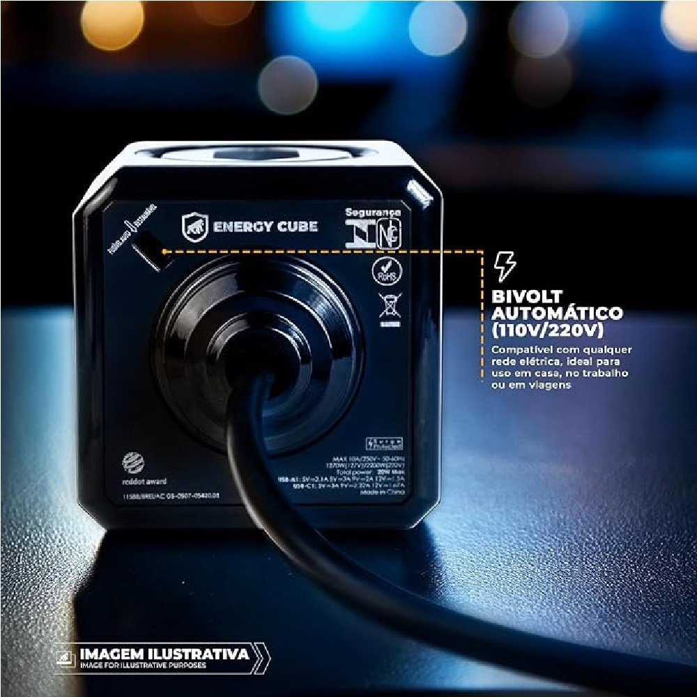 Adaptador Bivolt Energy Cube Filtro de Linha Multiplicador de Tomadas Preto com 5 Tomadas e Cabo de 1,5M