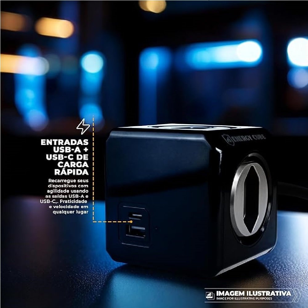 Adaptador Bivolt Energy Cube Filtro de Linha Multiplicador de Tomadas Preto com 5 Tomadas e Cabo de 1,5M