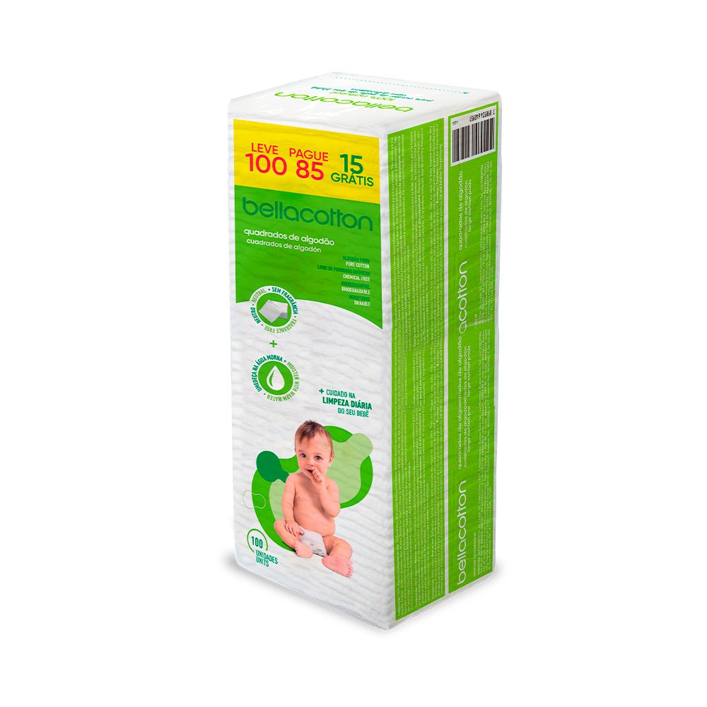 Algodão Quadrado Baby Sem Fragrância com 100 Unidades Bellacotton