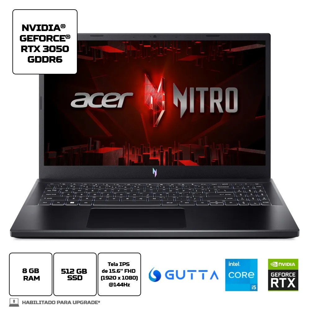 Notebook 15" Gamer Acer Nitro V15, Core I5-13420h, Geforce Rtx 3050 6gb, Memória 8gb, Ssd 512gb Nvme, Tela Full Hd Ips 144hz, Linux Gutta, Anv15-51-57