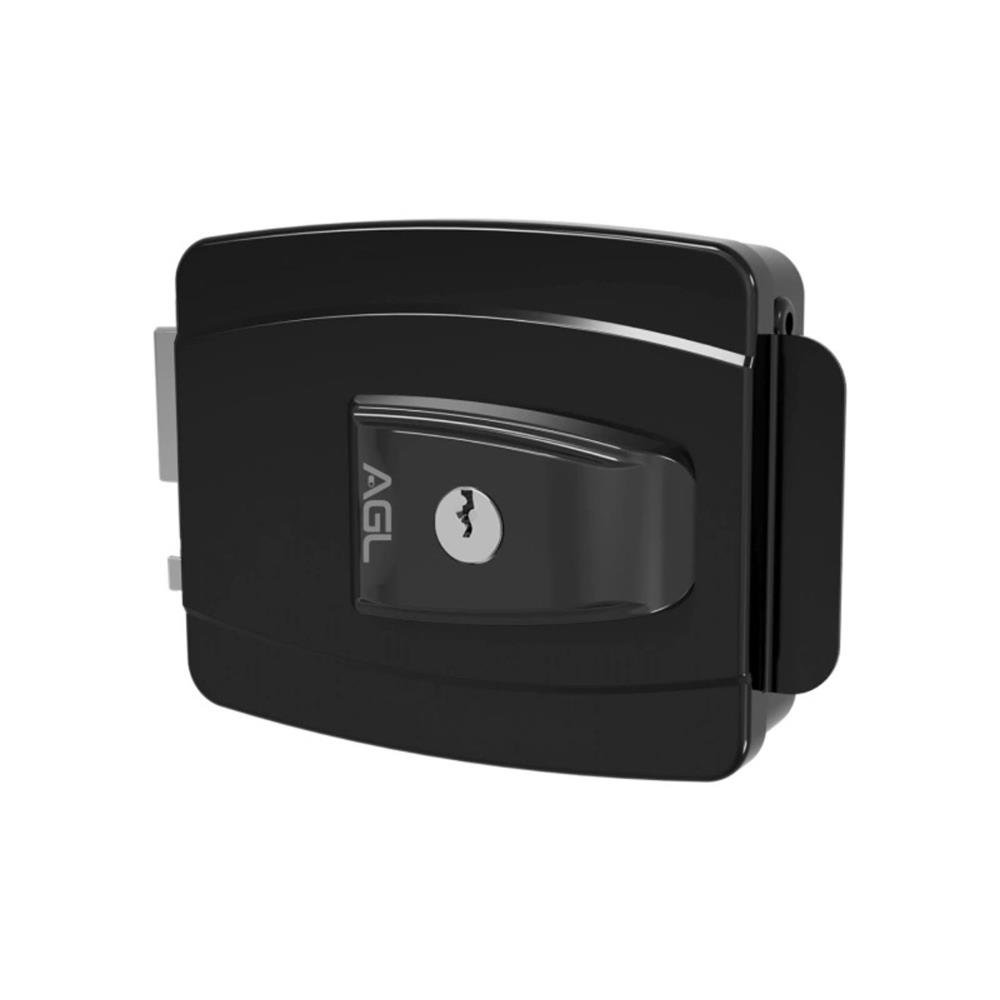 Fechadura AGL Mini. 12v, Cilindro Ajustável, Chave Convencional, Ext, Preto