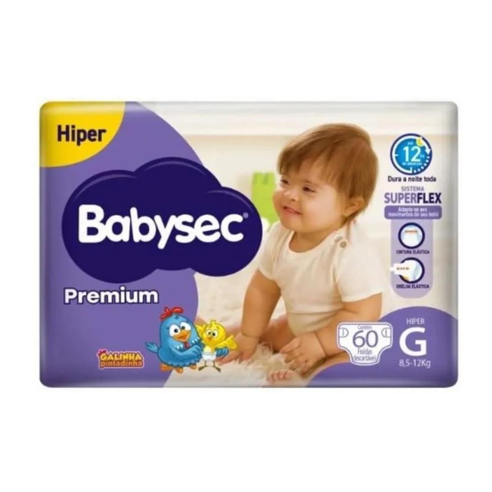 Fralda Descartável Babysec Premium Hiper Tamanho G - 2 pacotes com 60 fraldas - Total 120 Tiras