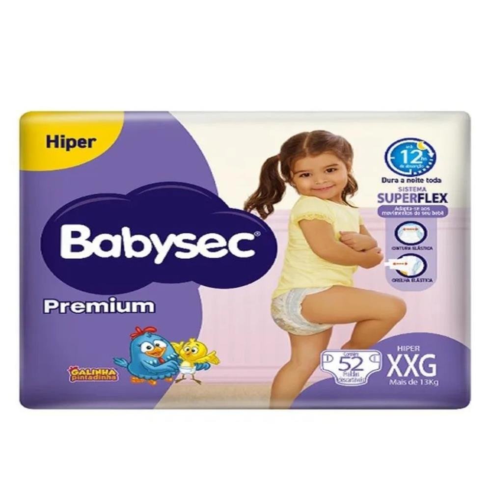 Fralda Descartável Babysec Premium Hiper Tamanho XXG - 2 pacotes com fraldas 52 - Total 104 Tiras