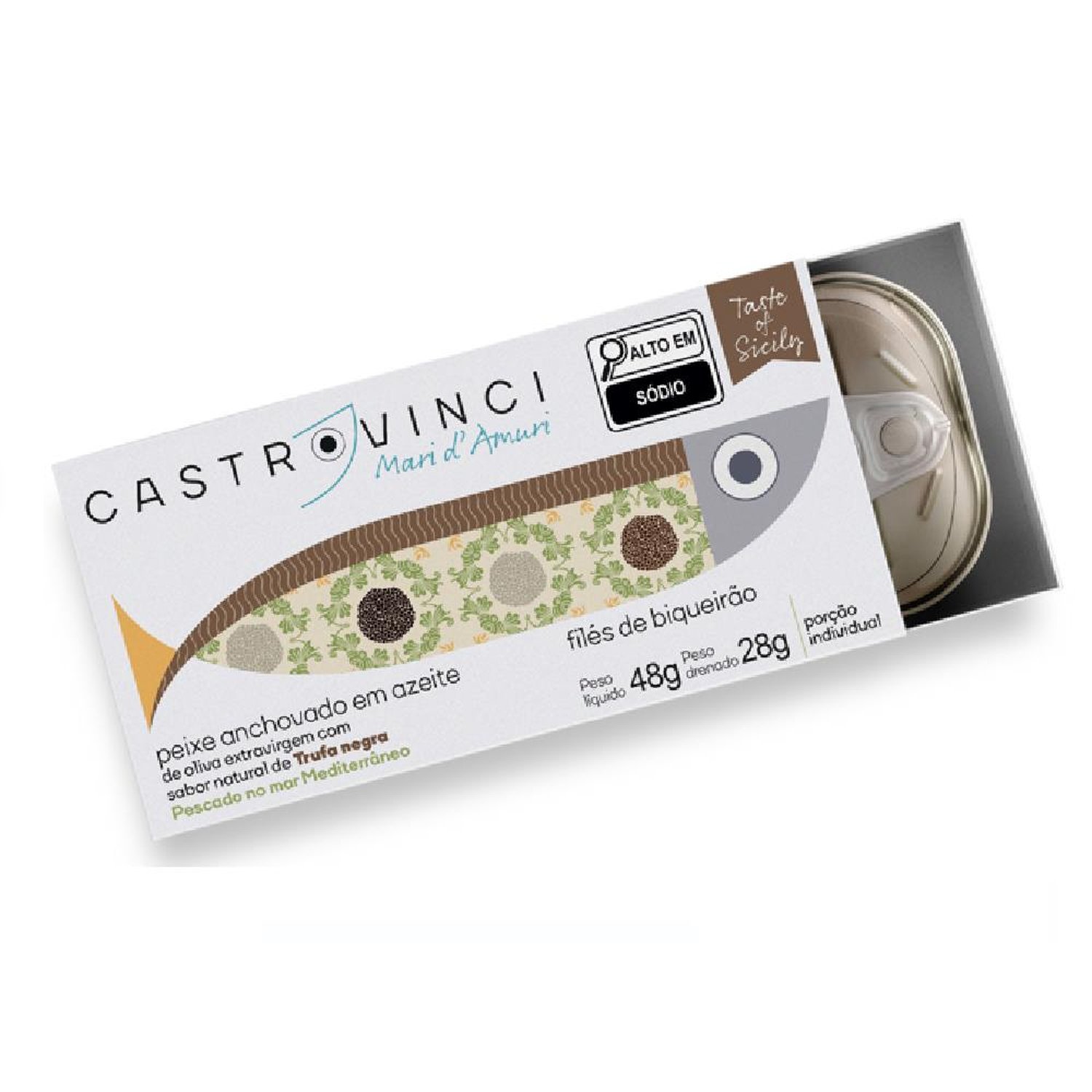 Filés De Anchovas Em Azeite Extravirgem Com Trufa Negra Lata Castrovinci 48G Filés De Biqueirão