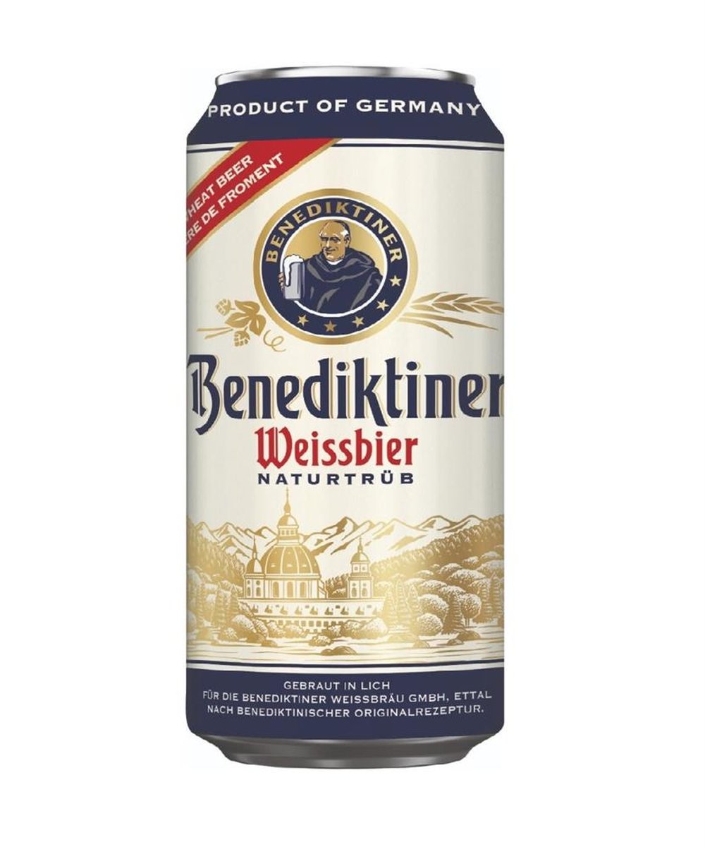 Cerveja de trigo Benediktiner Weissbier Lata 500ml fabricada na Alemanha