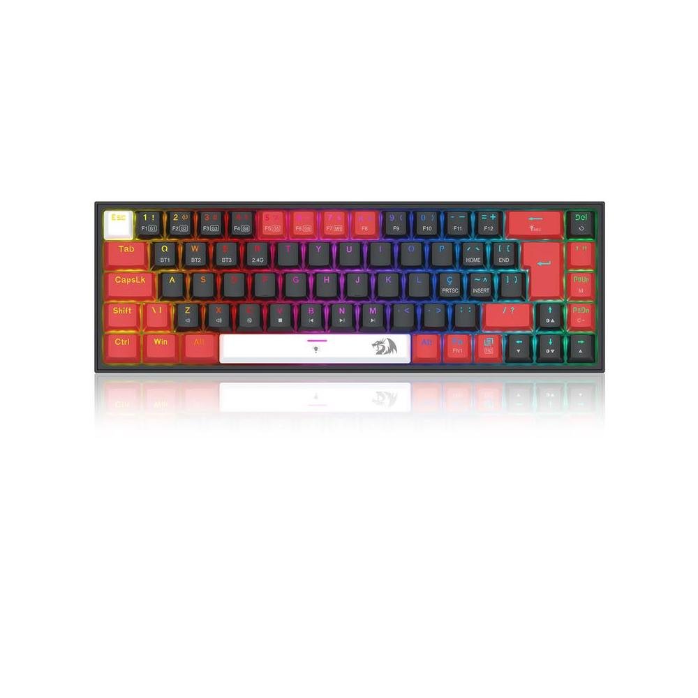 Teclado Mecanico Gamer Redragon Castor Pro, RGB, Compacto, Wireless/BT/USB-C/USB, Switch MK2 Brown, ABNT2, Preto, Vermelho e Branco - K631RG.