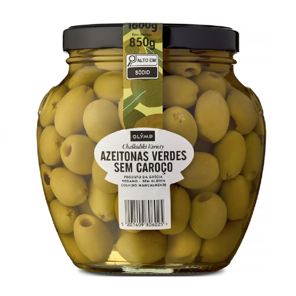 Azeitonas Verdes Sem Caroço Olymp Tamanho Mamute 850G Vidro Gigante