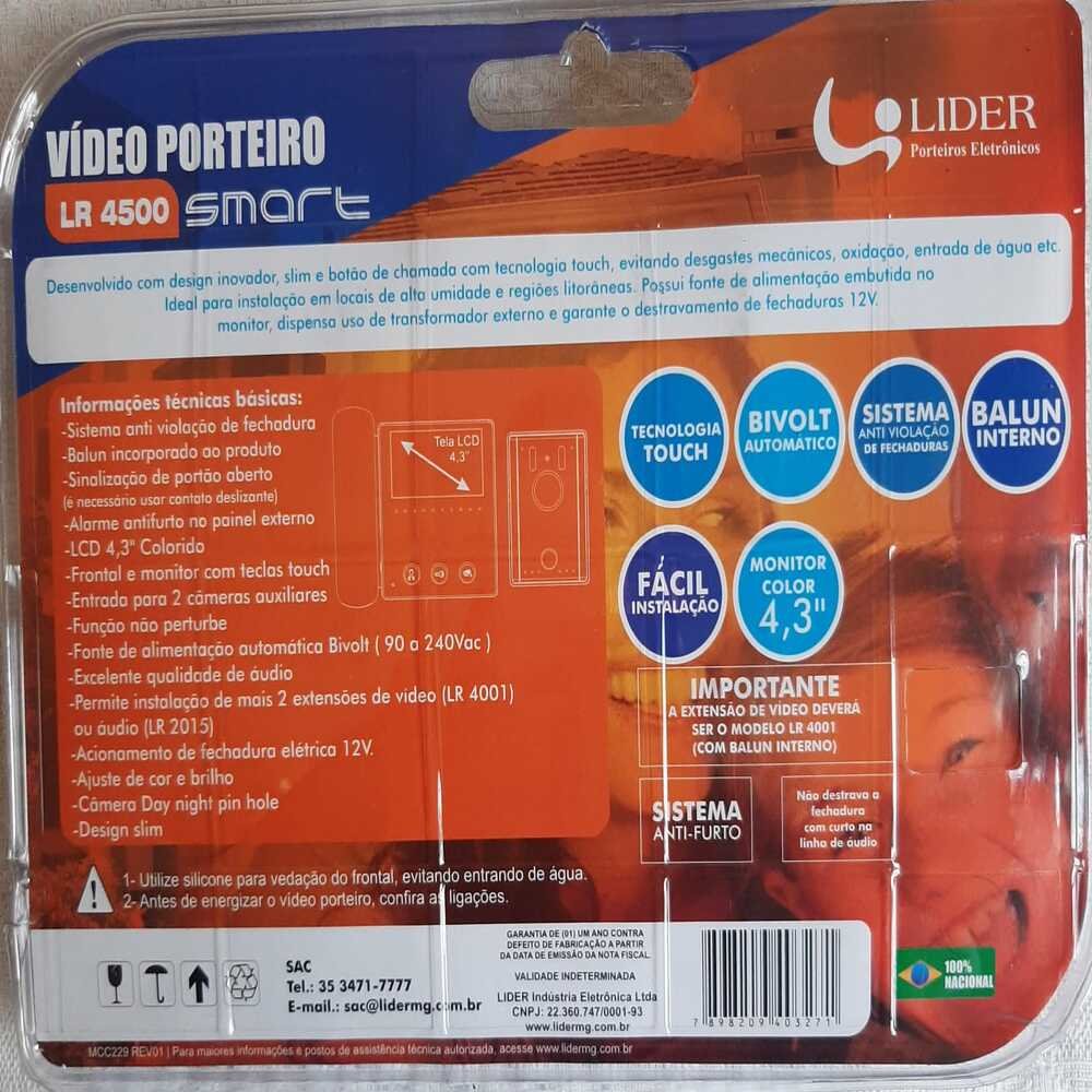 Vídeo Porteiro LCD Colorido Com Tela 4.3" Lider Smart LR4500