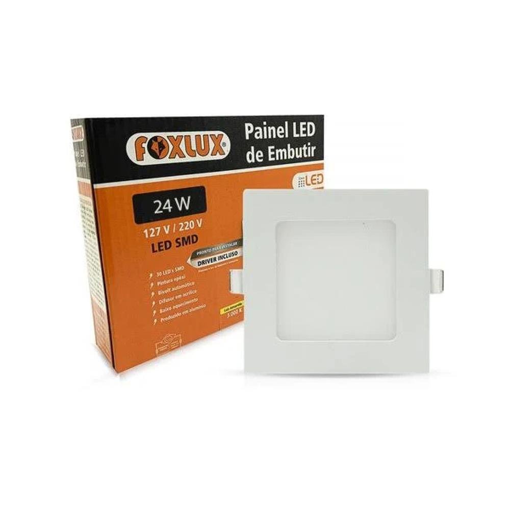 Painel LED 30,3x30,3 Quadrado Branco Embutir 24W 3000K Foxlux