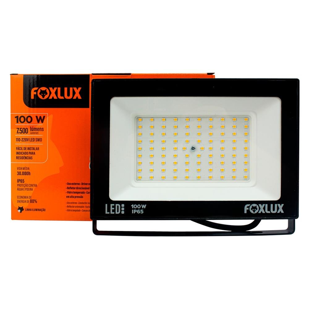 Refletor Led 100W 3000K Preto Bivolt Foxlux