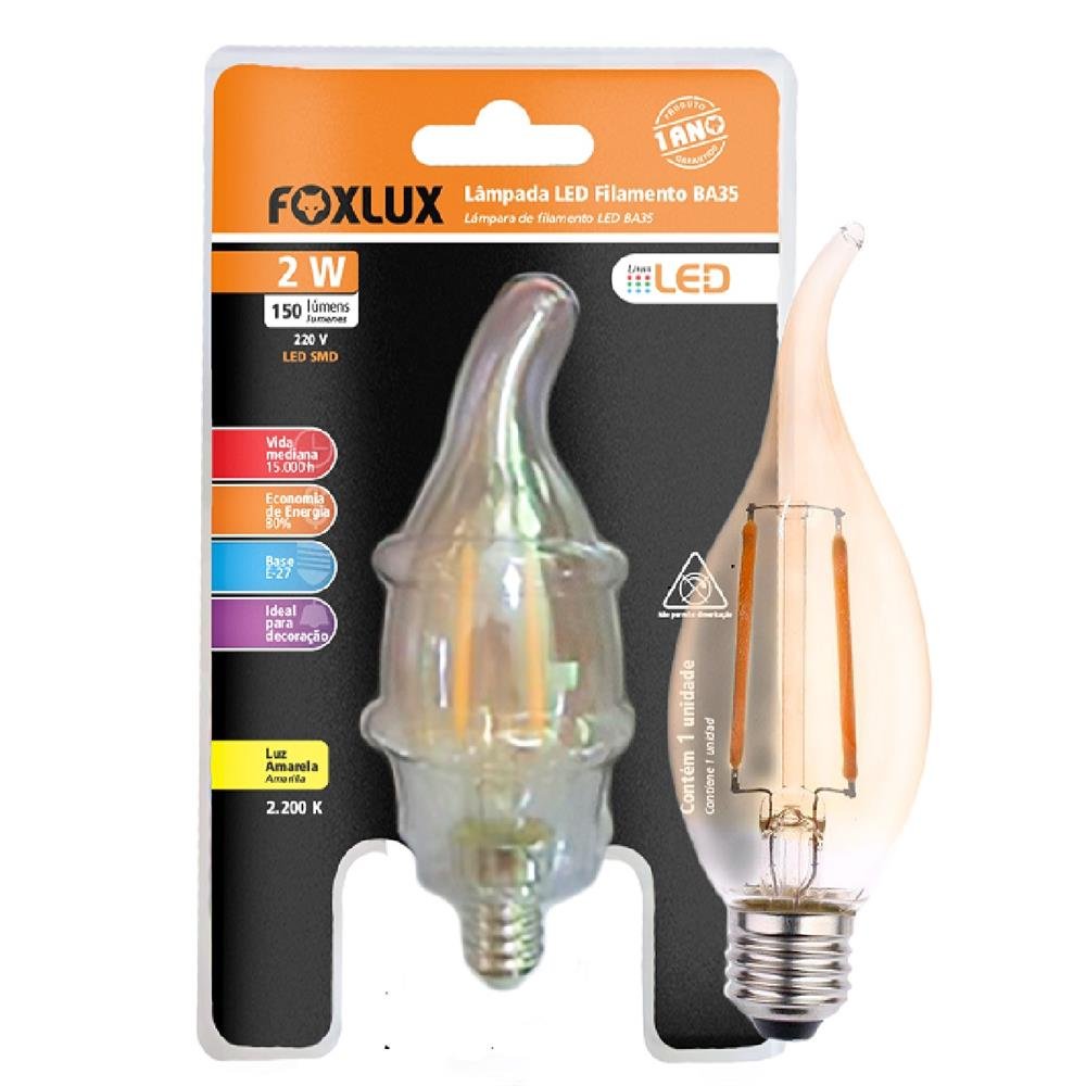 Lampada Filamento E14 Ba35 Vela Chama 2W 220V Foxlux