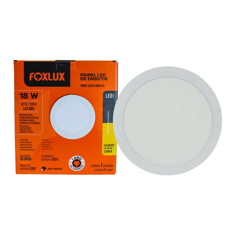 Painel LED 22x22 Redondo Branco Embutir 18W 3000K Foxlux