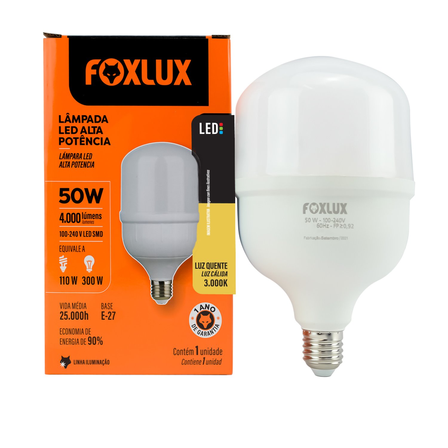 Lâmpada Alta Potência 50W 3000K Branca Quente E-27 Bivolt Foxlux
