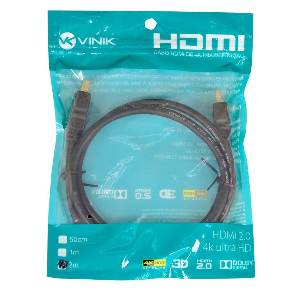 Cabo Hdmi 2.0 4k Ultra Hd 3d Conexão Ethernet 2 Metros - H20-2